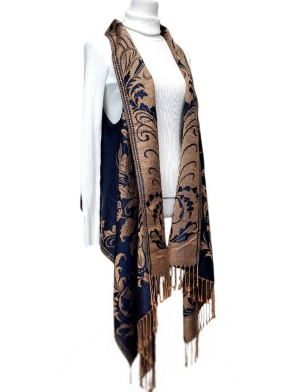 Shawl Wrap Navy Blue & Tan One Size